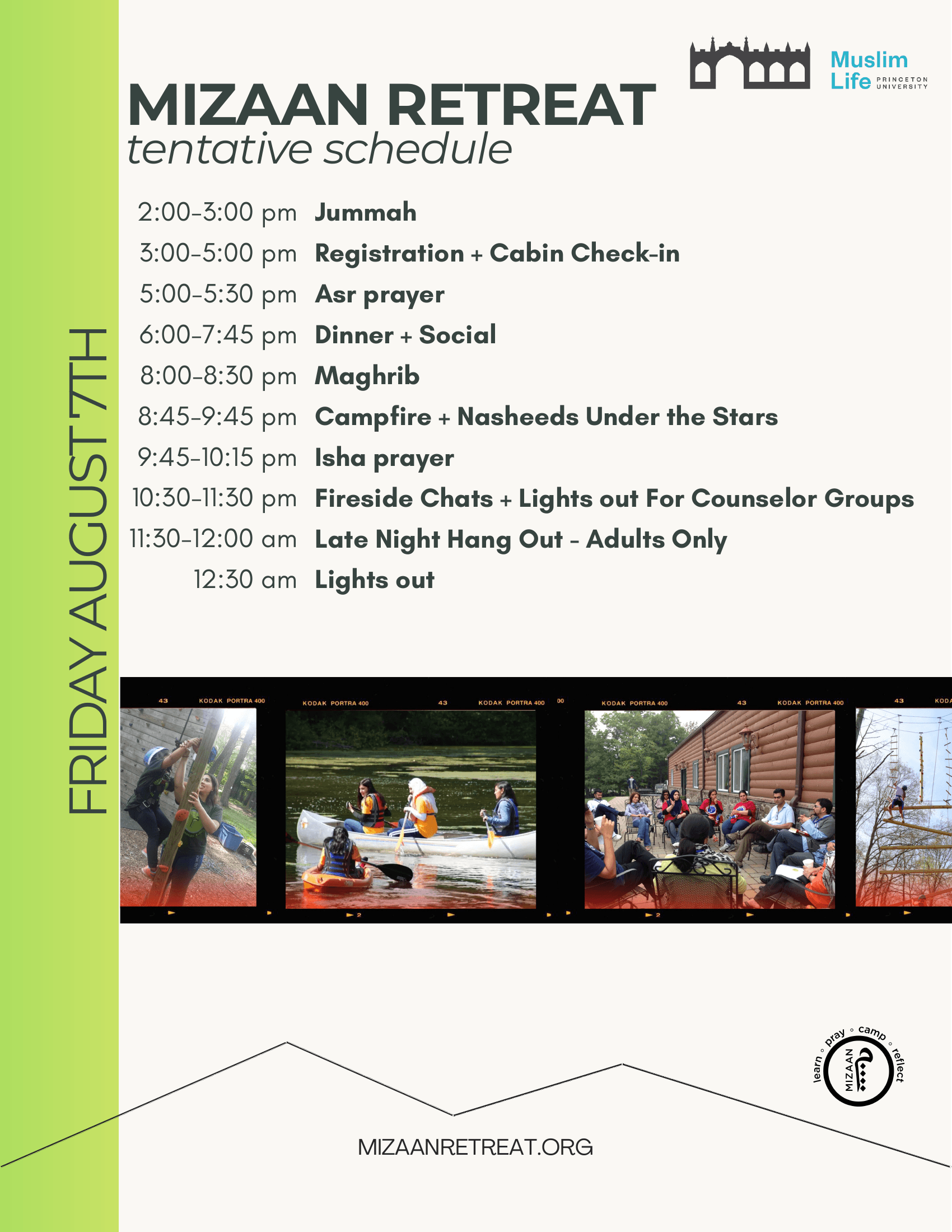 Mizaan Retreat schedule — Friday, August 7