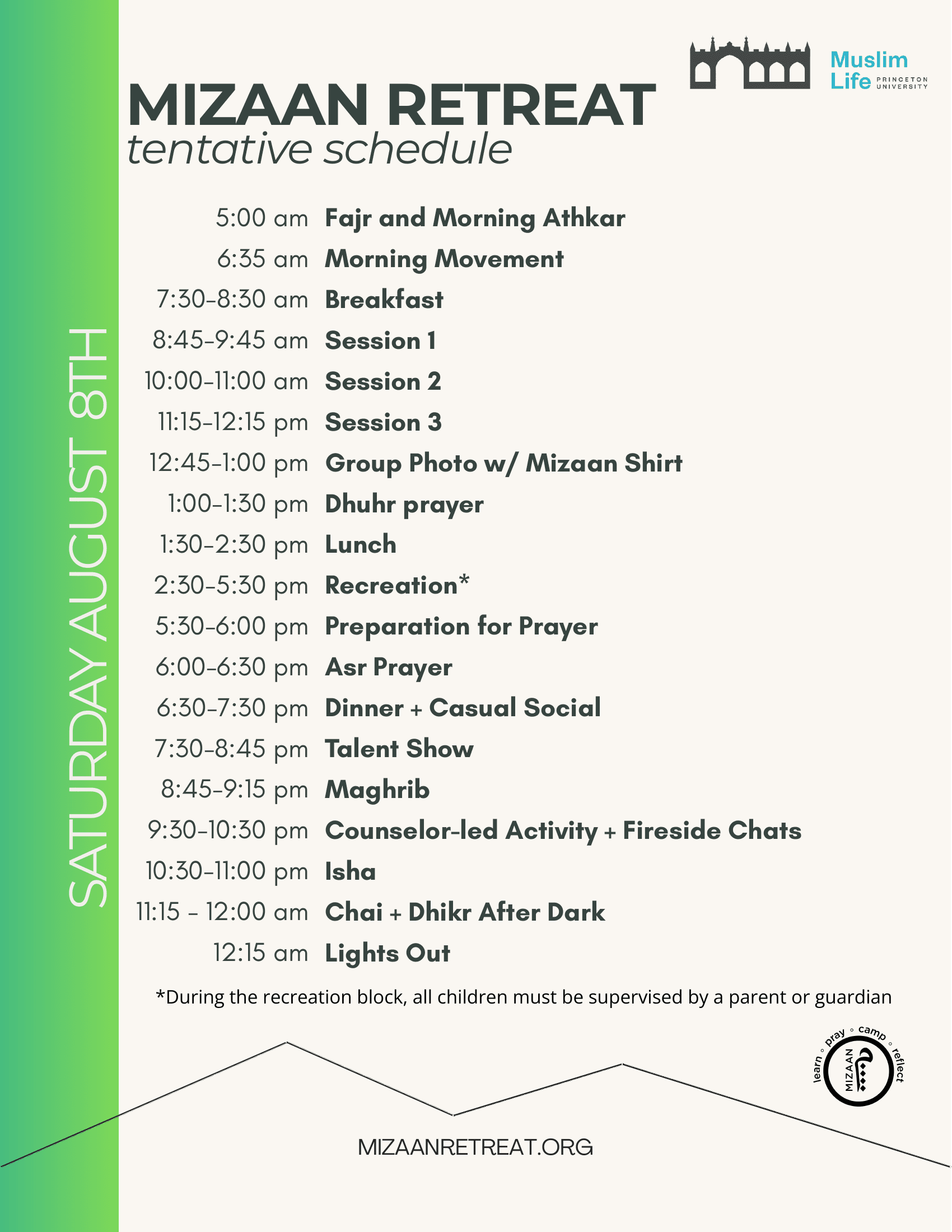 Mizaan Retreat schedule — Saturday, August 8