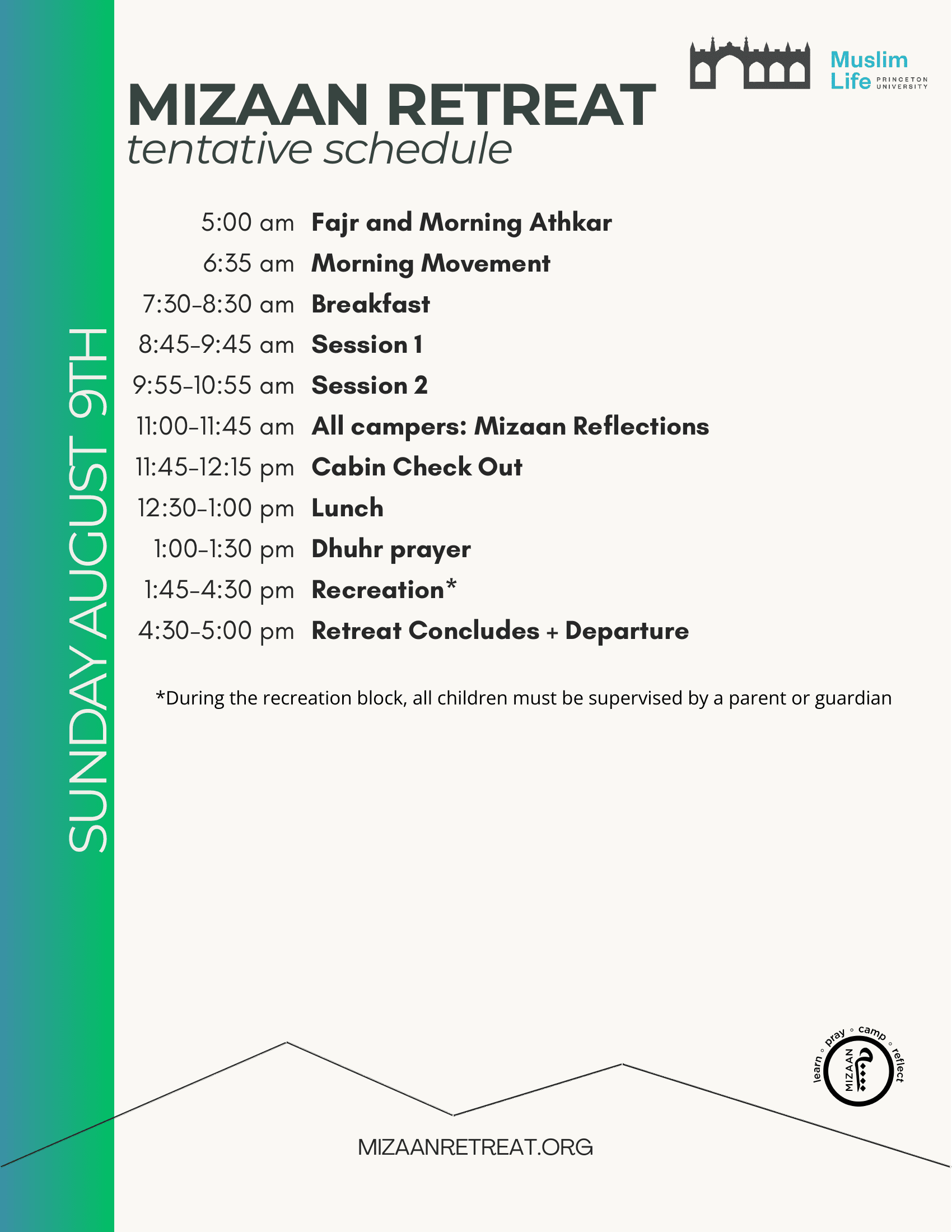 Mizaan Retreat schedule — Sunday, August 9